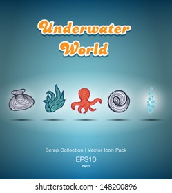 Vector Icons of the underwater world and the sea. shell, mussels, octopus, bubbles, seaweed. Set of icons. part 1