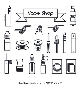 Vector icons for vape shop, e-cigarette store. Dark thin line icons, isolated on white background. E-cig icons set. E-cigarette and accessories illustration