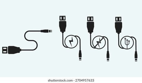 Ícones vetoriais de vários cabos de dados e conectores em estilo de contorno mínimo. Perfeito para ilustrar dispositivos de tecnologia, conexões USB, acessórios de carregamento, equipamentos digitais e inter eletrônico