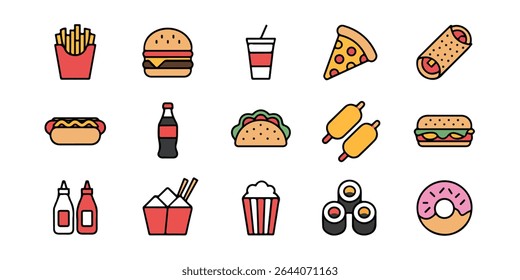 Vector icons of various fast food meals and drinks