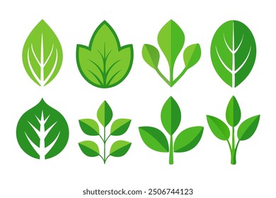 Vector icons of various green leaves, symbolizing nature, growth, and eco-friendliness. Perfect for environmental projects, gardening, and sustainability-related designs.