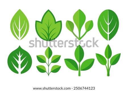 Vector icons of various green leaves, symbolizing nature, growth, and eco-friendliness. Perfect for environmental projects, gardening, and sustainability-related designs.