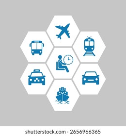Vector icons for various modes of transport: plane, bus, train, car, taxi, ship, and waiting passenger. Ideal for travel, logistics, and journey planning concepts