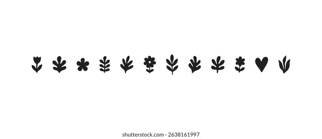 Vector icons of various plants and shapes in black silhouette on white background.
