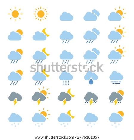 Vector icons of various weather conditions, including sun, clouds, rain, snow, and thunderstorms in blue and yellow.