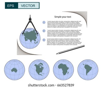 Vector icons for vectorization and marketing can be used for layout of the work-flow, diagram,  web design. Earth globes with 5 continents.  EPS.