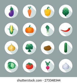 Vector Icons Vegetables Flat Style with Long Shadow Set 