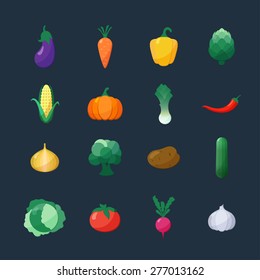 Vector Icons Vegetables Flat Style Set Isolated over Dark Background with Eggplant, Carrot, Paprika, Artichoke, Corn,  Pumpkin, Potato, Leek, Pepper, Onion, Broccoli, Cucumber, Cabbage, Tomato, Garlic