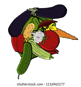 Vector icons of vegetables in the form of a human head in cartoon style. Collection of agricultural products for the restaurant menu, market label.