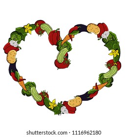 Vector icons of vegetables, installed in a cartoon style, are folded into a square frame in the form of a heart. . Collection of agricultural products for the restaurant menu, market label.
