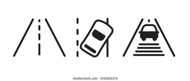 Vector icons of vehicle dashboard indicators. Such symbols include road lane, vehicle run-off road warning and following distance symbol. Editable line icon.