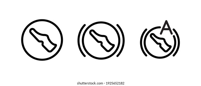 Vector icons of vehicle dashboard indicators. Such symbols include foot brake, automatic brake and clutch pedal panel. Editable line icon.