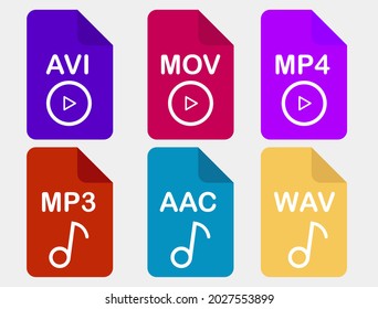 Vector icons of video and audio file formats such as: avi, mov, mp4, mp3, aac, wav