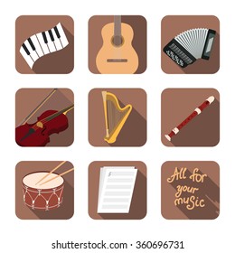 Vector icons of violin, flute, guitar, piano, accordion, drum, harp, music sheets