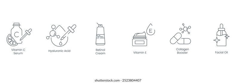 Iconos vectoriales de suero de vitamina C, ácido hialurónico, crema de retinol, vitamina E, refuerzo de colágeno y aceite facial para el cuidado de la piel y Productos de belleza