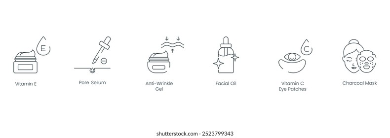 Vector Icons of Vitamin E, Pore Serum, Anti-Wrinkle Gels, Facial Oil, Vitamin C Eye Patches, and Charcoal Mask for Skincare and Beauty Treatments