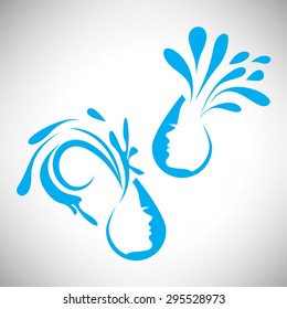 Vector icons of water drops twins with woman faces