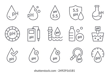 Vector icons of water pH. Acidity of liquid, instrument for measuring. Neutral acid, chemical research. Skin pH and moisturizing, natural cosmetics. Value scale, base level. Editable stroke line set.