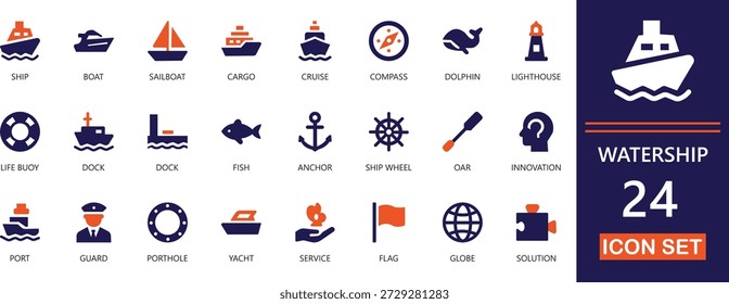 Iconos vectoriales de barco acuático, carga, buques, marítimo, logística, mar, navegación, ferry, barcos y navegación náutica para negocios y turismo.
