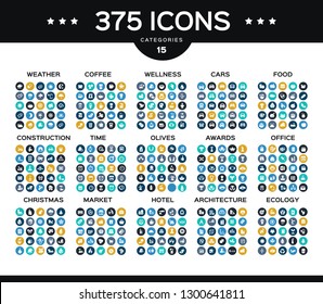 Vector icons weather, food, coffee, market, cars, architecture, construction, hotel, time, olives, office, market, ecology and more.
