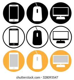 Vector icons for web: computer screen, phone, mouse set