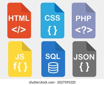 Vector icons of web formats such as: html, css, php, javascript, sql, json