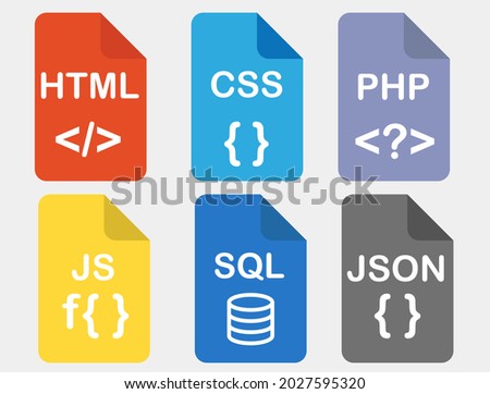 Vector icons of web formats such as: html, css, php, javascript, sql, json