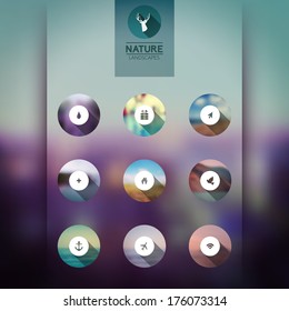 Vector  icons, web and mobile interface template icons, blurred circles landscape. Corporate website design. Minimalistic multifunctional media backdrop. Editable. Blurred. 