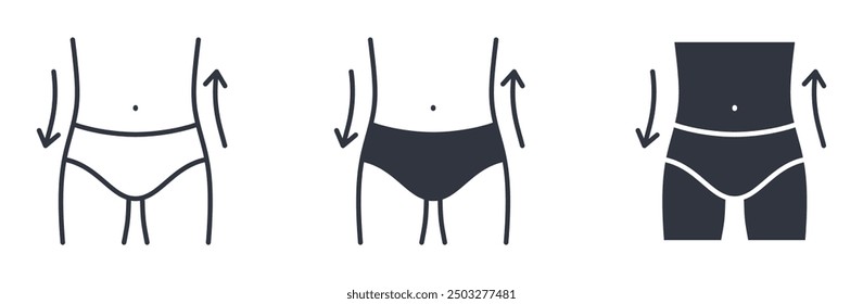 Vector icons weight loss man. Editable stroke thin line and solid set. Symbol trim guy with athletic figure. Diet fitness healthy lifestyle. Black sign isolated on white background.