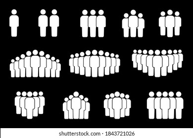 Vector icons of white people on a black background. Silhouette of a group of people. Stock image.