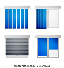 Vector icons for window louvers. Gray windows with differend types blue louvers. Set of vector icons on white background.