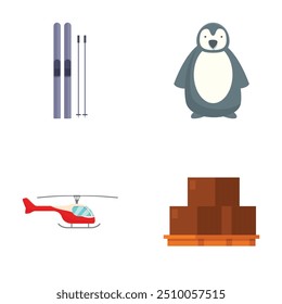 Vector icons of winter sports gear, cute penguin, flying helicopter, and stacked boxes