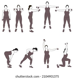 Vector icons of woman in costume working out with dumbbells.  Contours of sportive girl doing fitness exercises with weights for muscles of arms and legs. Fintess lady silhouettes.