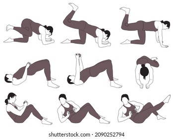 Vector icons of woman in sportive costume  doing fitness exercises with dumbbells. Contours of slim sportive girl in different sport positions isolated on white background. Fitness silhouettes.
