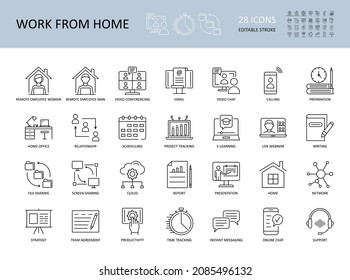 Vector Icons Work From Home. Editable Stroke. Remote Employees Woman And Man Workplace. Video Conference Email, Time And Project Tracker, Productivity Strategy. Support Online Chat Call Presentation