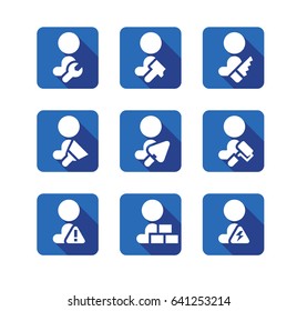 Vector icons of worker, builders with equipment, builders pictograms