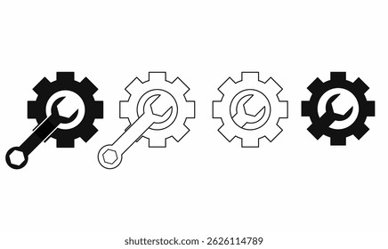 Vector icons of wrench or spanner and gear in various styles.filled, outline, combination. Ideal for settings, repair, engineering UI,UX. wrench gear icon, tools symbol, settings maintenance icon