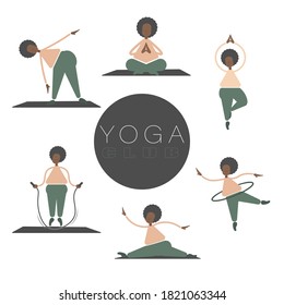Vector icons for yoga or pilates. Various gymnastic exercises. Plus size woman happy goes in for sports.