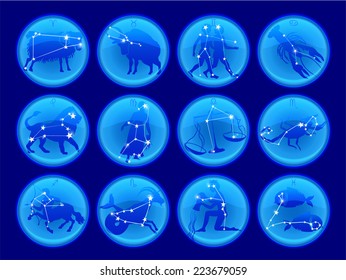 Vector icons with zodiac signs on round button in dark blue