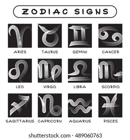 Vector Icons of Zodiac Signs. Set of Black and White Zodiac Characters in Square. Style of Calligraphy.