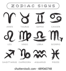 Vector Icons of Zodiac Signs. Style of Calligraphy. Set of Black and White Zodiac Characters on White Background