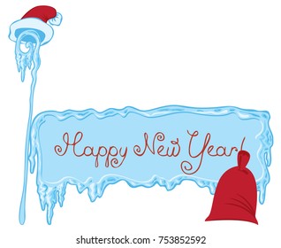 Vector icy framework with inscription Happy New Year, with magic staff, a hat of Santa Claus and gift bag