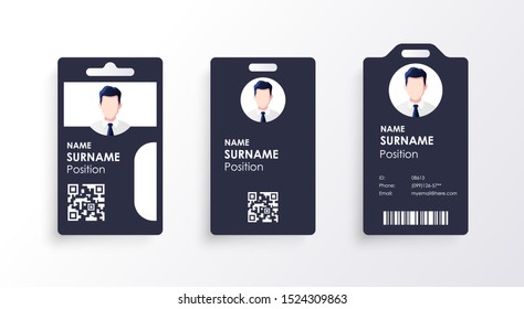 Vector id card template with clasp and lanyard. Blue and white color mock up set. Modern colorful icon collection. Employee ID. Simple realistic design. Cute cartoon style. Flat style illustration.