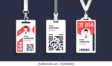 Vector id card template with clasp and lanyard. Red and white color mock up set. Modern colorful icon collection. Employee ID. Simple realistic design. Cute cartoon style. Flat style illustration.