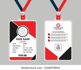 Vector id card template with clasp and lanyard. Red and black color mock-up set. Modern colorful icon collection. Employee ID. Simple realistic design. Flat style illustration.