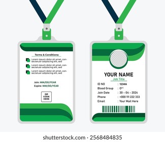 Vector id card template with clasp and lanyard. Green and white color mock up set. Modern colorful icon collection. Employee ID. Simple realistic design. Flat style illustration