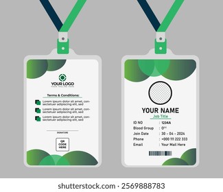 Vector id card template with clasp and lanyard. Green and white color mock up set.. Employee ID. Simple realistic design. Flat style illustration.