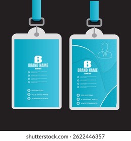 Vector id card template with clasp and lanyard. Blue and white color mock up set. Modern colorful icon collection. Employee ID. Simple realistic design. Cute cartoon style. Flat style illustration
