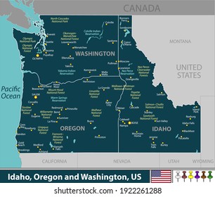 Vector of Idaho, Oregon and Washington states of United States with large cities