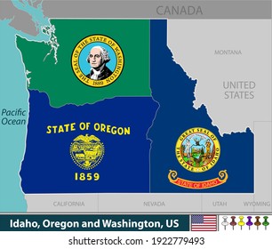 Vector of Idaho, Oregon and Washington states of United States with their flags inside borders.